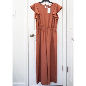 Bluivy Dusty Pink Pinstripe Wide Leg Jumpsuit With Ruffle Cap Sleeve, size L